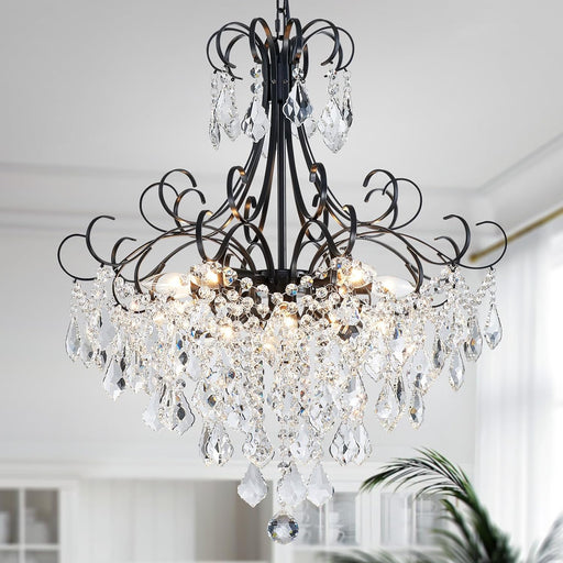 Crystal Chandelier 10-Light Pendant Ceiling Light Modern Lighting Fixture for Dining Room Hallway Bedroom Kitchen Bathroom, H 27.6" X W 22.8", E12 Base, Black