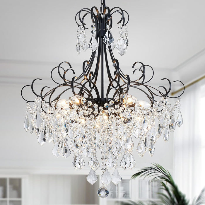 Crystal Chandelier 10-Light Pendant Ceiling Light Modern Lighting Fixture for Dining Room Hallway Bedroom Kitchen Bathroom, H 27.6" X W 22.8", E12 Base, Black