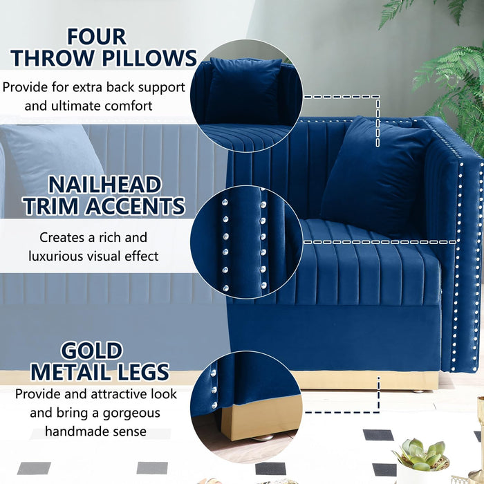 Velvet Sofa Set: Modern L Shaped Couch and Loveseat Set with Gold Metal Legs and Nailhead for Living Room, Apartment and Office (Blue)