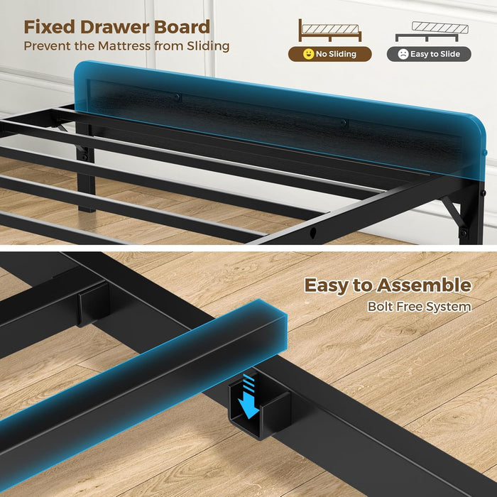 Bed Frame Twin Size with Charging Station and LED Lights, Upholstered Storage Headboard with 4 Drawers, Heavy Duty Metal Slats, Noise Free, Easy Assembly, No Box Spring Needed