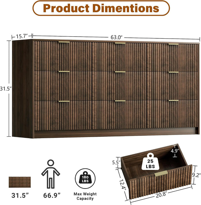 Walnut Dresser for Bedroom, Modern Dresser with 9 Drawers and Smooth Slides, Wide Chest of Drawers with Golden Handles for Bedroom, Living Room, Closet, 15.7" D X 63" W X 31.5" H