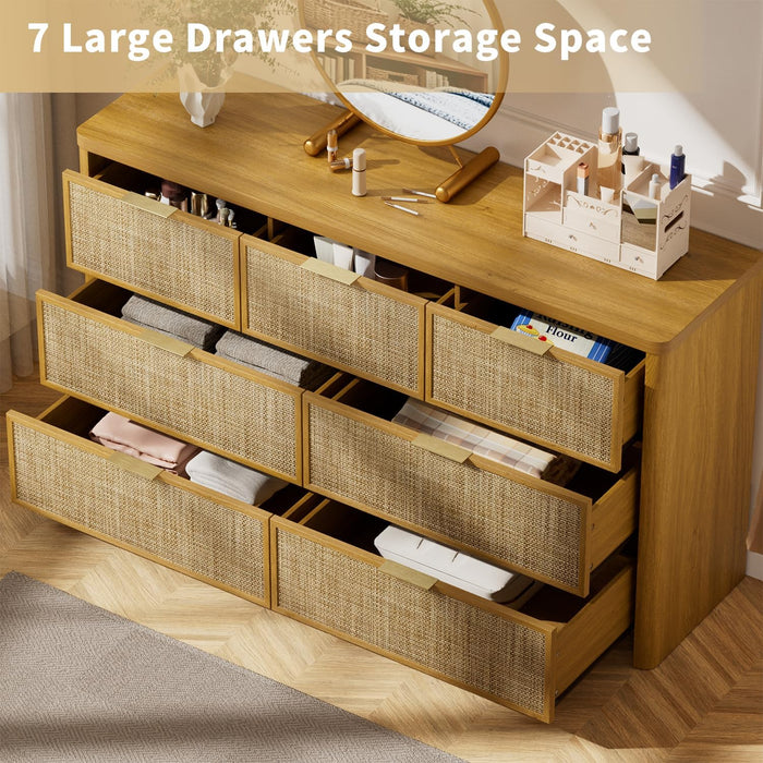 Rattan 7 Drawer Dresser for Bedroom,55" Wide,Natural Oak,Modern Chest of Drawers with 7 Large Storage Space and Curved Edge Design, 7 Drawer Large Dresser for Bedroom