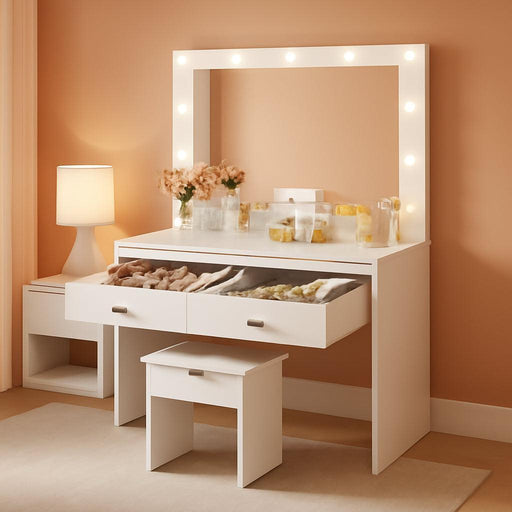 Makeup Vanity Desk with Large Lighted Mirror，35.4 Inch Makeup Vanity Table with 2 Drawers，Soft-Padded Storage Stool，3 Lighting Modes Available, Suitable for Bedrooms（White）
