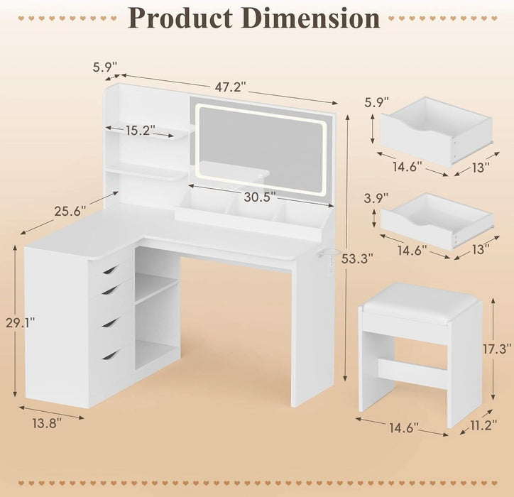 Makeup Vanity Desk with Mirror and Lights, L- Shaped Vanity, Modern Vanity Table with 5 Drawers & Adjustable Shelves, Power Outlet with Fast Charging, for Bedroom (White)