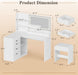 Makeup Vanity Desk with Mirror and Lights, L- Shaped Vanity, Modern Vanity Table with 5 Drawers & Adjustable Shelves, Power Outlet with Fast Charging, for Bedroom (White)