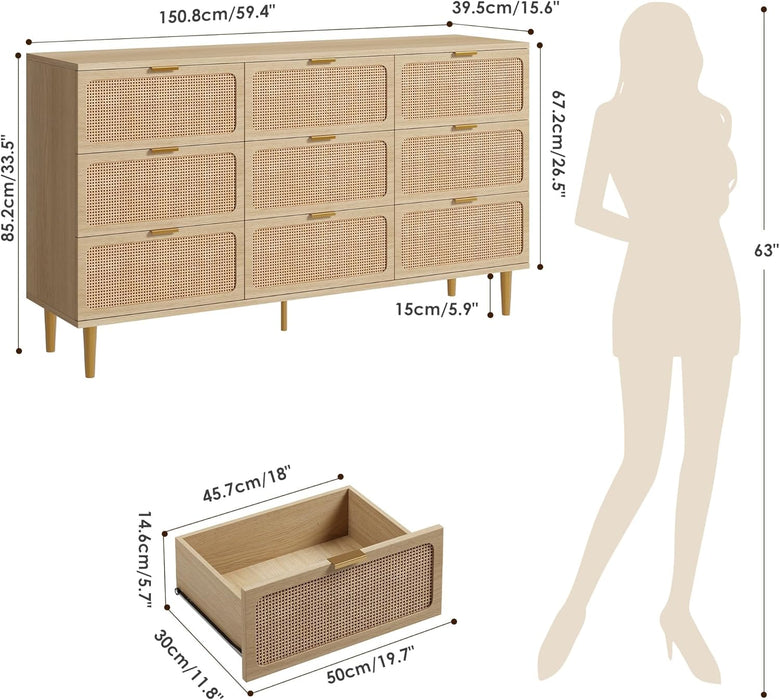 Rattan 9 Drawer Dressers for Bedroom, Tall Dresser with Deep Drawers, Large Chest of Drawers for Closet with Wide Top, Long Wooden Dresser for Living Room, Hallway, Kids Room, Natural