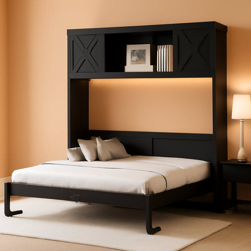 Full Size Murphy Bed with 2 Storage Cabinets, Wood Hidden Foldable Wall Bed Frame W/Bookcase Shelves, Storage Bed Cabinet for Bedroom, Office, Space-Saving, No Box Spring Needed, Black