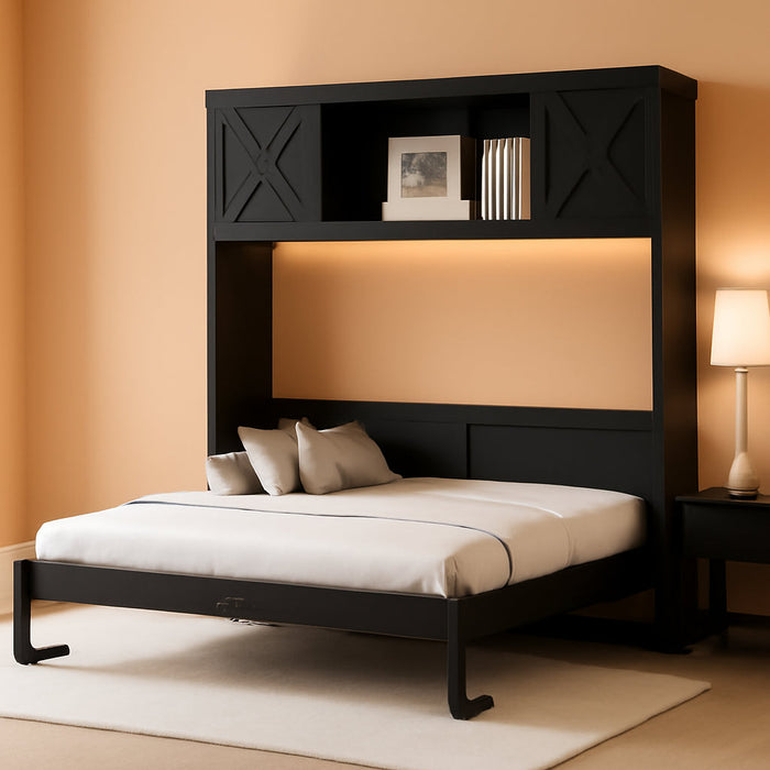 Full Size Murphy Bed with 2 Storage Cabinets, Wood Hidden Foldable Wall Bed Frame W/Bookcase Shelves, Storage Bed Cabinet for Bedroom, Office, Space-Saving, No Box Spring Needed, Black