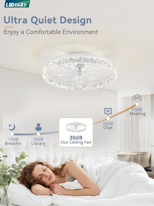 20 Inch Low Profile Ceiling Fans with Lights and Remote, Fandelier Ceiling Fan Flush Mount, 3000K-6000K Dimmable LED Fan Light, White Modern Ceiling Fans with Lights for Bedroom