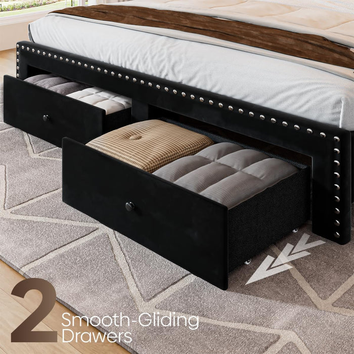 Queen Bed Frame with 2 Storage Drawers, Wooden Slats Support, Velvet Upholstered Platform Bed Frame Queen Size with Charging Station, Noise-Free, Easy Assembly, No Box Spring Needed, Black