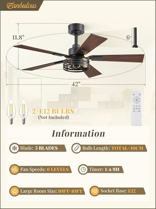 42 Inch Farmhouse Ceiling Fan with Lights 2 Pack, Rustic Black Ceiling Fans with Remote, 5 Dual Finish Blades, Quiet 6 Speed Reversible DC Motor, Caged Industrial Fan for Bedroom, Living Room, Patio