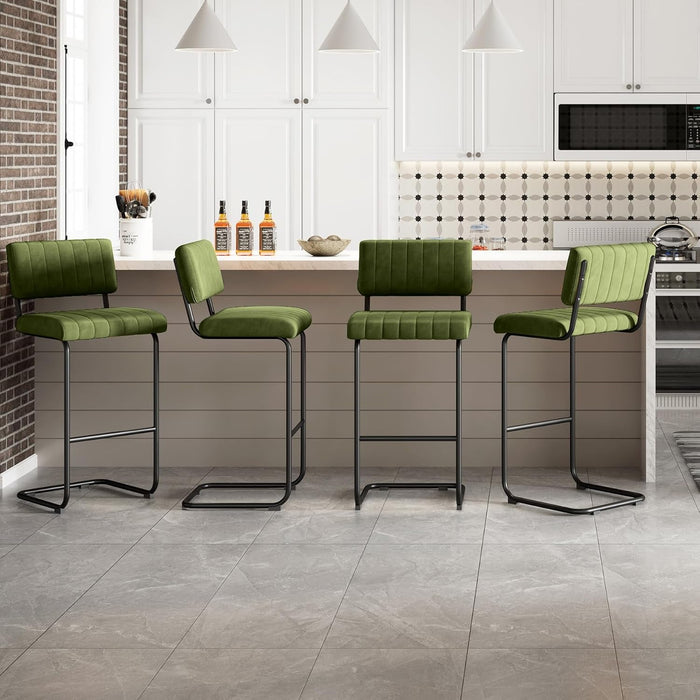 30'' Modern Bar Stools with Tufted Backs, Upholstered Velvet Fabric Bar Height Stools Chairs, Mid Century Cantilever Barstools for Kitchen Island Pub Set of 2