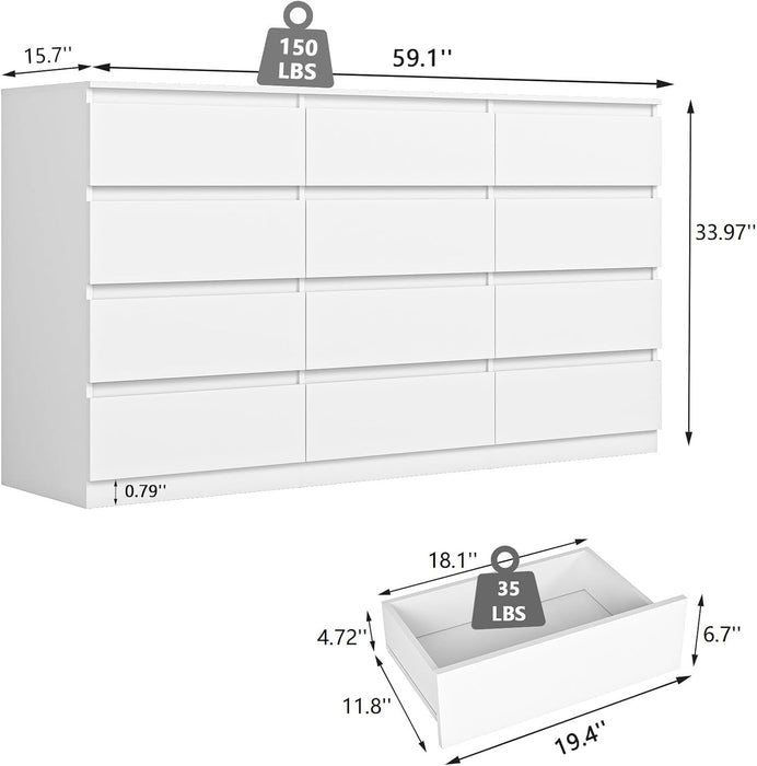 White 12 Drawer Dresser for Bedroom,Modern Long Deep Drawer Dresser,Wood Storage Chest of Drawer, Storage Organizer Drawers for Living Room