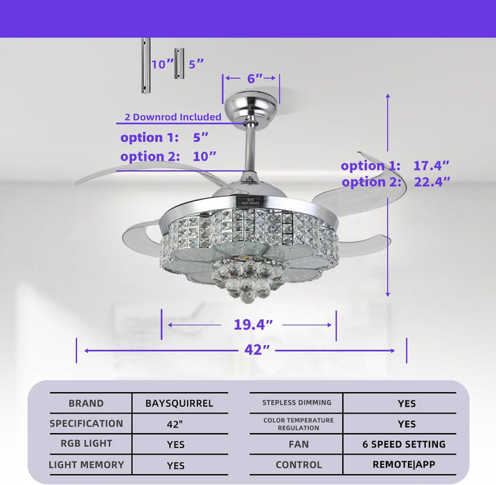 Retractable Ceiling Fan with Light and Remote/App Control, Bluetooth Ceiling Fans with Speaker, RGB-LED Light 6 Speeds Reversible Blades,Chandelier Crystal Ceiling Fan with Lights