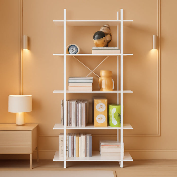 Bookshelf 5 Tiers White Wooden Storage Shelf,Modern Open Display Storage Bookcase Book Organizer,Metal Bookshelf Standing Storage Shelf Tall Shelving Units for Home Office Study