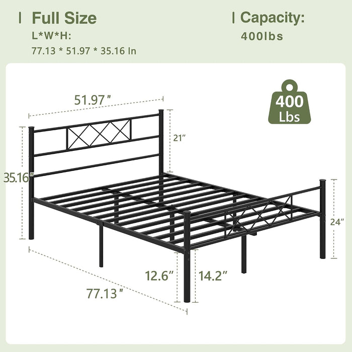 Full Size Bed Frame with Headboard, Heavy Duty Bedframe with Strong Metal Slats, No Box Spring Needed & Easy Assembly, Matte Black