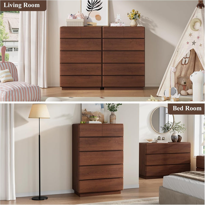 Walnut 6 Drawer Dresser for Bedroom, 48" Tall Dressers & Chest of Drawers with Curved Profile Design, Modern Dresser with Thickened Base for Bedroom, Living Room, Hallway