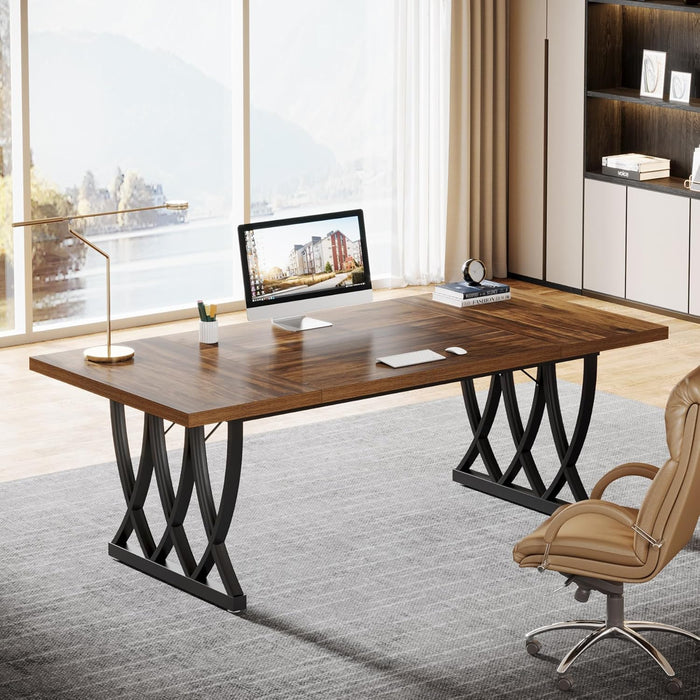 70.86-Inch Executive Desk, Large Home Office Desk Computer Desk with Thick Metal Frame, Rectangle Study Writing Table Workstation for Home Office (Retro Brown & Black)