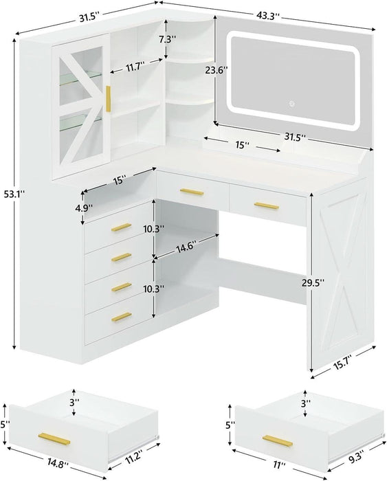 L-Shaped Corner Vanity Desk with LED Lighted Mirror & Charging Station, White Makeup Vanity with 6 Drawers & Sliding RGB Cabinet, Large Farmhouse Dressing Table with Open Storage Shelves for Women