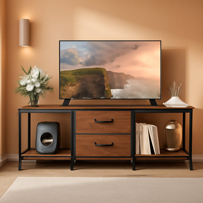 TV Stand Dresser with 2 Drawers, Entertainment Center for 50" Inch TV with Open Storage Shelves, Industrial Media Console for Bedroom, Living Room, Rustic Brown