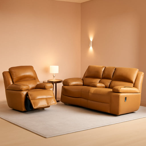 Manual Recliner Sofa Set, Bonded Leather Sofa Set Living Room Furniture, Reclining Sofa Set Leather Recliner Couch with Cup Holder/Storage Console for Living Room (3 Pieces Couch Set,Ginger)