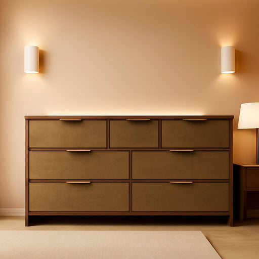 Rattan 7 Drawer Dresser for Bedroom, 55" Wide Curved Dressers & Chests of Drawers with 7 Deep Drawers, Large Boho Wooden Dresser W/Gold Metal Handles for Bedroom Living Room, Walnut