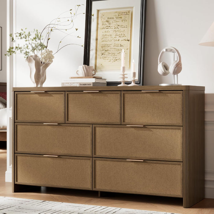 Rattan 7 Drawer Dresser for Bedroom, 55" Wide Curved Dressers & Chests of Drawers with 7 Deep Drawers, Large Boho Wooden Dresser W/Gold Metal Handles for Bedroom Living Room, Walnut