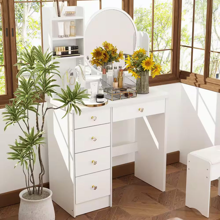 5-Drawers White Makeup Vanity Table Set with Stool Dressing Desk Vanity Wood with round Mirror Storage Shelves