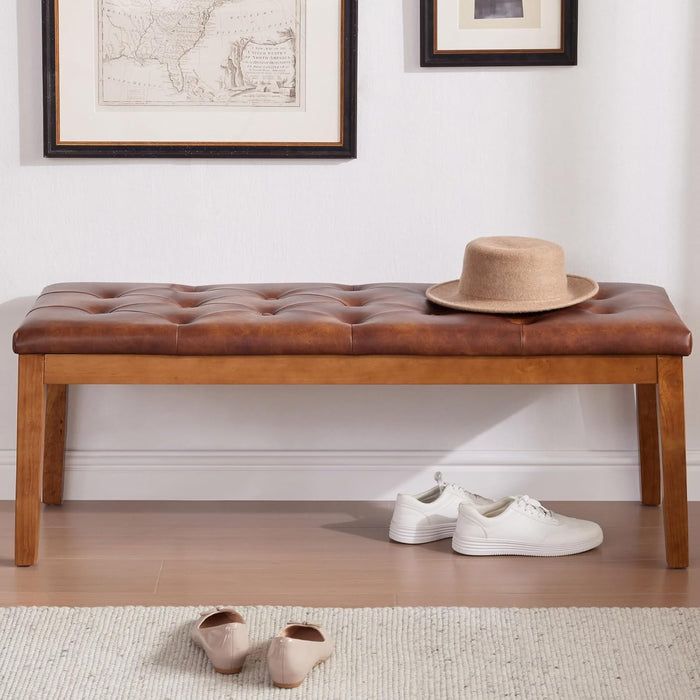 Ottoman Bench Upholstered Padded Seat with Solid Wood Legs and Button-Tufted, Big Oversized Ottoman, Faux Leather Retro Brown