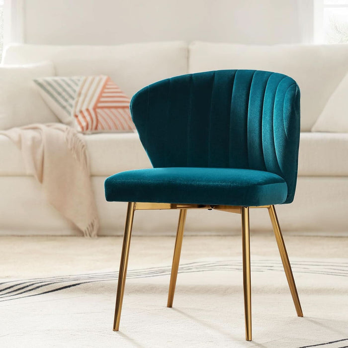 Dining Chairs Set of 2 Velvet Upholstered Kitchen & Dining Room Chairs with Metal Legs Vanity Chair Armless Side Chairs for Living Room Bedroom Restaurant, Channel Curved Backrest, Teal