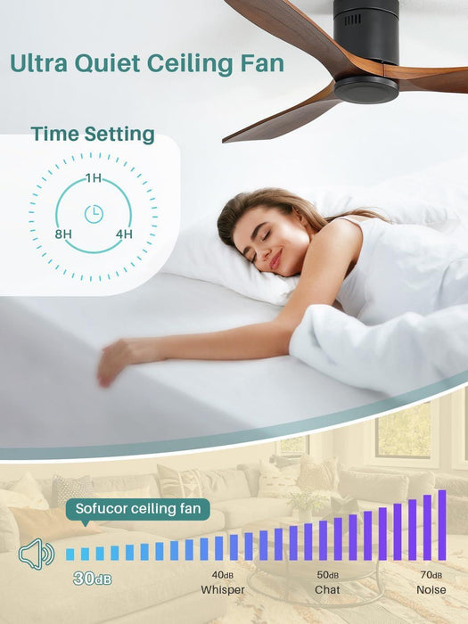 52 Inch Solid Wood Ceiling Fan without Lights Flush Mount Ceiling Fan with Remote Control-Wood Blades Modern Outdoor Ceiling Fans No Light for Bedroom/Farmhouse/Patio/Indoor, Brown Black