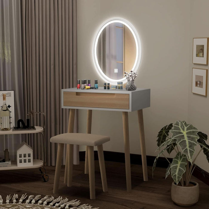 Makeup Vanity Table Set with 3 Modes Adjustable Lighted Mirror Cushioned Stool, Dressing Table for Small Space