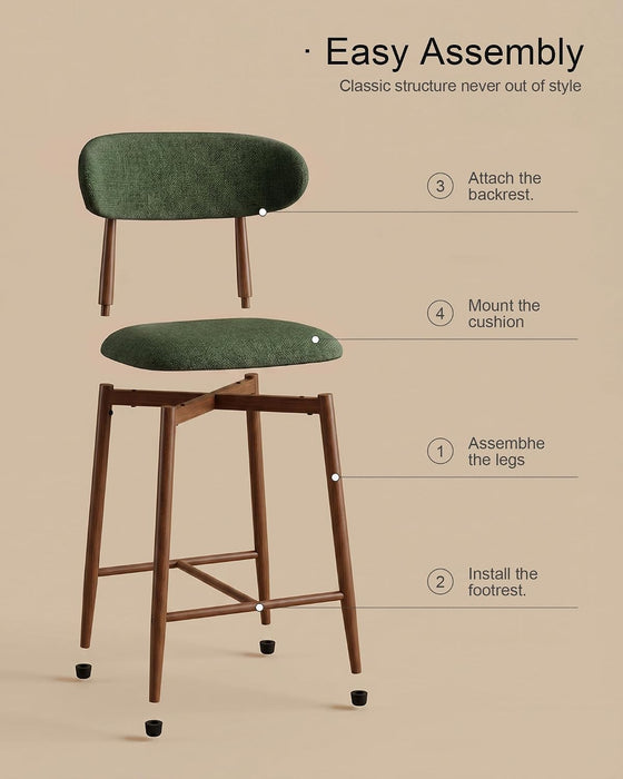 Metal Bar Stools Set of 3, 26″ Counter Height Bar Stools with Backs, Mid Century Modern Upholstered Barstools for Kitchen Island, Dining Room, Green