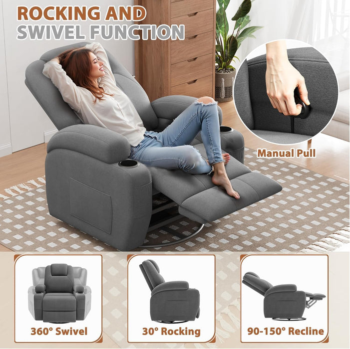 Swivel Rocker Recliner Chair with Vibration Massage, 360° Swivel Recliner Chairs for Adults Ergonomic Lounge Chair with Cup Holders Lazy Boy Recliner Single Sofa Seat (Fabric, Gray)