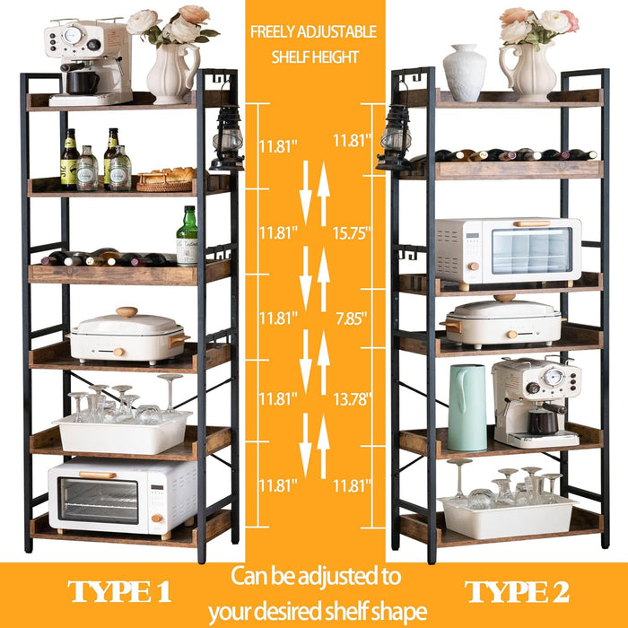 Adjustable 6 Tier Open Bookcase, Rustic Farmhouse Book Shelves, Industrial Wood and Black Metal Bookshelves, Mid Century Bookcase for Home Office Living Room Bedroom