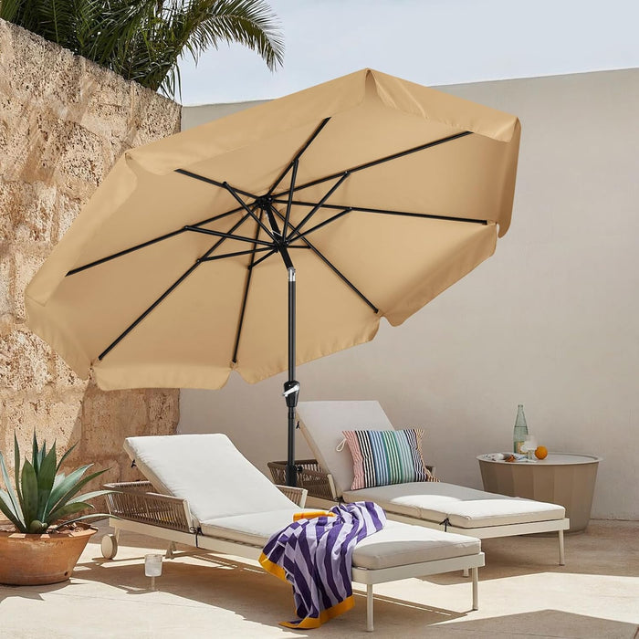 9Ft Scalloped Valance Patio Umbrella, Crank & Tilt, Khaki