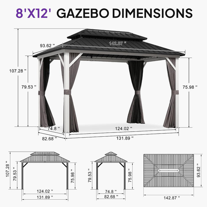 8' X 12' Hardtop Gazebo Metal Double Roof White Aluminum Frame Outdoor Heavy Duty Gazebo with Curtain and Netting for Patio Garden and Backyard, Grey