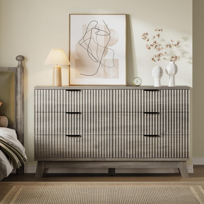 53" Long Dresser for Bedroom, 6-Drawer Dresser with Fluted Fronts, Wide Wood Chest of Drawers, Smooth Metal Slides, Stable Base, Modern Clothes Storage Cabinet for Living Room, Hallway