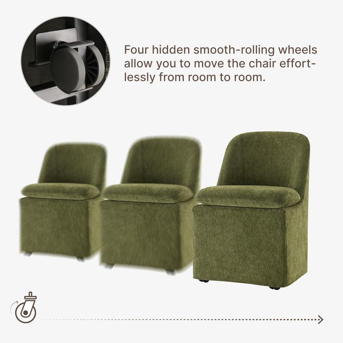 Upholstered Dining Chairs with Casters, Washable Cover Modern Dining Room Chairs with Thick Cushion & Sturdy Metal Frame for Kitchen, Living Room, Dressing Room, Green Fabric, 4PCS