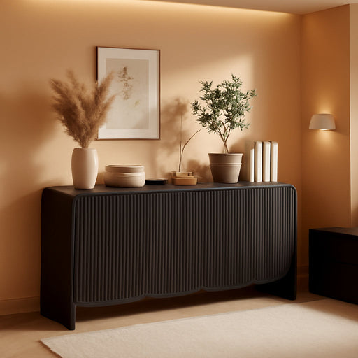 Fluted Sideboard Buffet Cabinet with Storage,58" Modern Sideboard Cabinet with Curved Design & Adjustable Shelves,Wood Console Table for Living Room,Entryway,Kitchen,Black