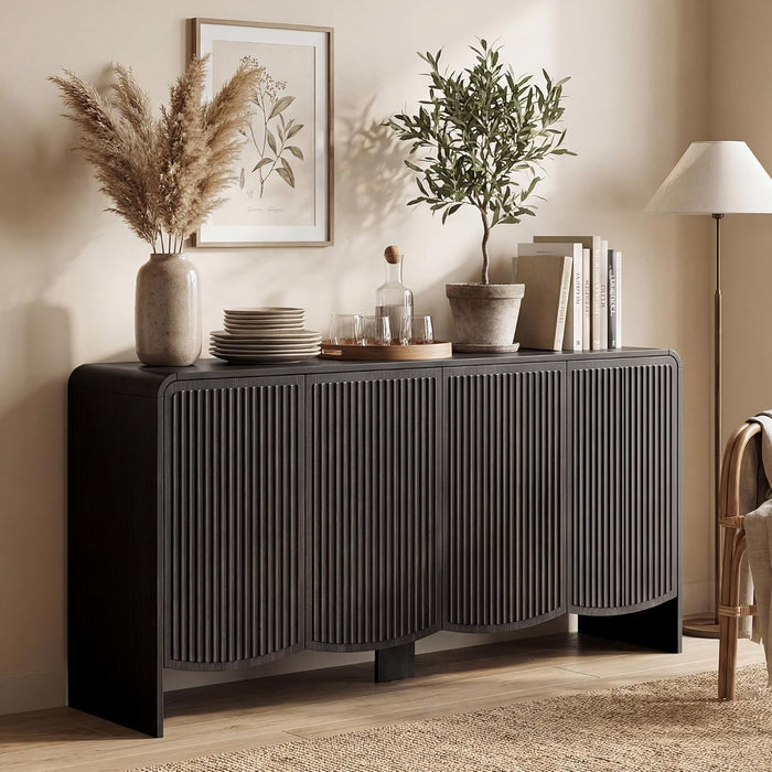 Fluted Sideboard Buffet Cabinet with Storage,58" Modern Sideboard Cabinet with Curved Design & Adjustable Shelves,Wood Console Table for Living Room,Entryway,Kitchen,Black