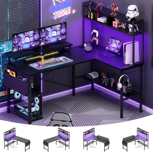 L Shaped Gaming Desk with Power Outlets & LED Lights, Small L- Shaped Desk Computer Corner Desk with Monitor Stand & Storage Shelf, Home Office Desk Writing Desk with Storage Bag, Black