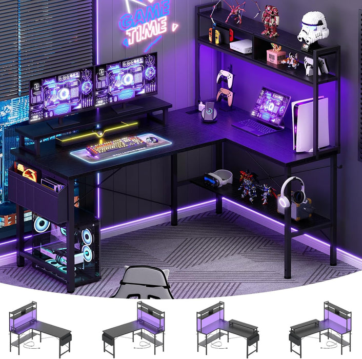 L Shaped Gaming Desk with Power Outlets & LED Lights, Small L- Shaped Desk Computer Corner Desk with Monitor Stand & Storage Shelf, Home Office Desk Writing Desk with Storage Bag, Black
