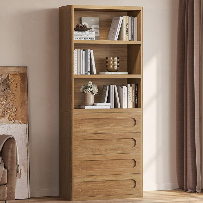 Bookcase with 4 Drawers, 72.1" Tall Bookshelf with 3 Storage Shelves, Large Bookshelves Cabinet for Living Room, Bedroom, Home Office (Oak Brown)