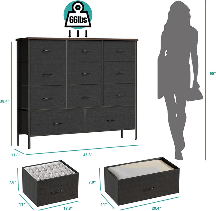 43.3" Wide Fabric Dresser for Bedroom, Chest of Drawers with 11 Deep Drawers, Multi-Drawers TV Stand TV Console, Storage Organizer for Closet, Nursery (Black)
