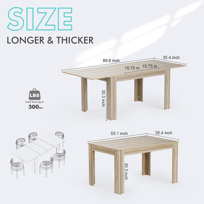 Extendable Dining Room Table for 6-10 Person, Plank and Beam Farmhouse Large Rectangular Kitchen Tables for Living Meeting Room, Oak