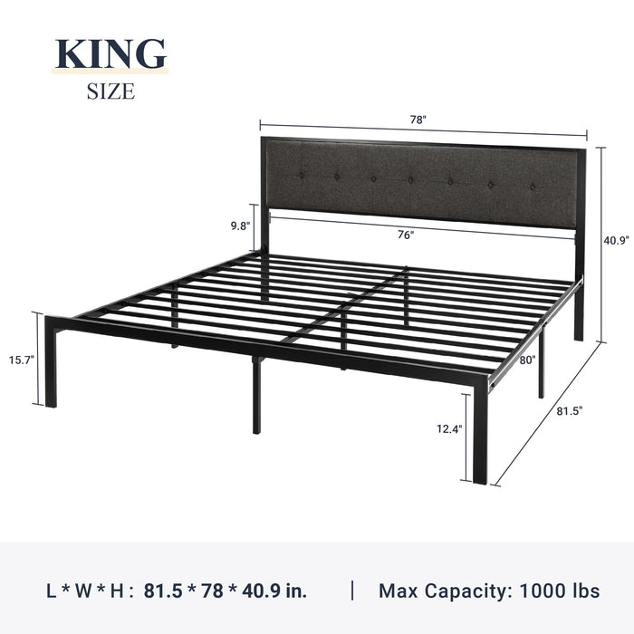 King Metal Platform Bed Frame with Fabric Button Tufted Headboard, 12.4" Under-Bed Storage, Metal Slats, Grey