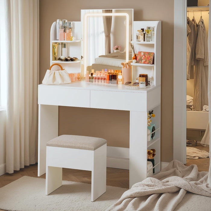 Makeup Vanity with Mirror and Lights, Vanity Desk with 3 Color Modes and Adjustable Light Brightness, Makeup Table with Storage Drawer, Open Shelves, and Side Storage (White, No Bench)