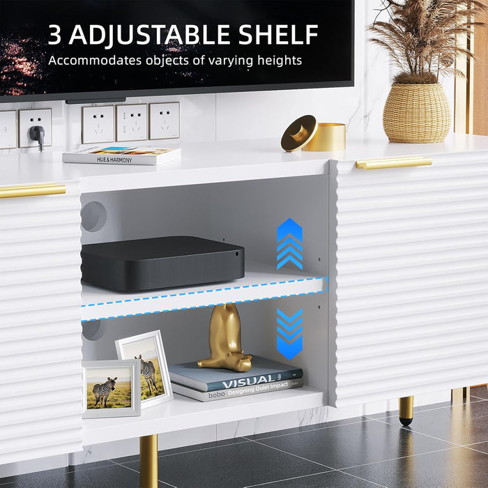 TV Stand for 55 Inch Tvs, Modern TV Console for Living Room Bedroom, TV Media Stand with Adjustable Shelf, Wood Entertainment Center with Storage Cabinets (White and Gold, Fluted Pattern)
