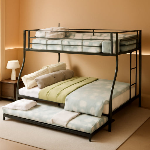 Triple Bunk Beds, Twin over Full Bunk Bed with Trundle,Sturdy Steel Bunk Beds Frame for 3 Kids/Teens with Two Side Ladders and Safety Guard Rail,Black Color